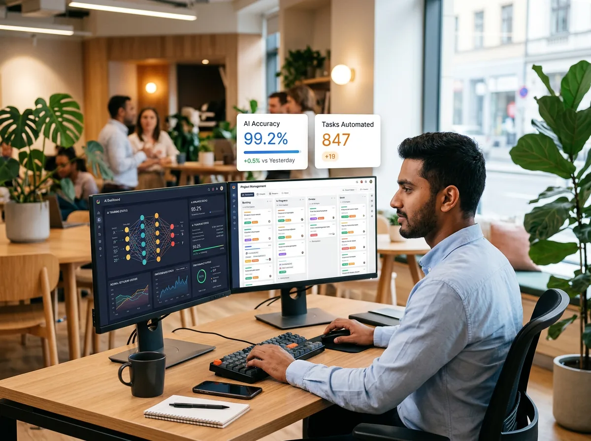 Professional using artificial intelligence dashboards and automated tasks